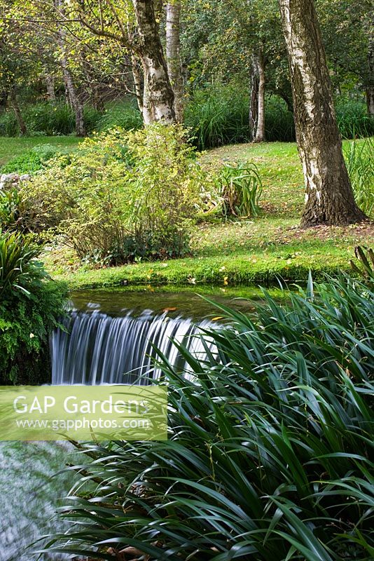 Ninfa Garten, Giardini di Ninfa, Italien. Bach mit natürlichem Wasserfall