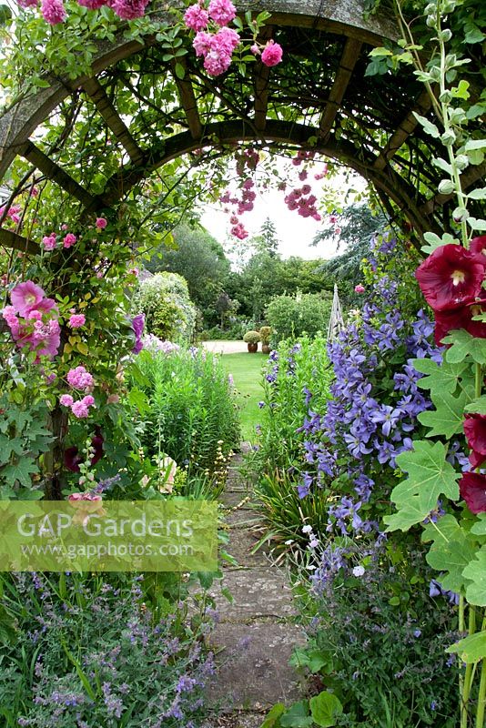 Gartenblick mit Alcea, Clematis und Rosen