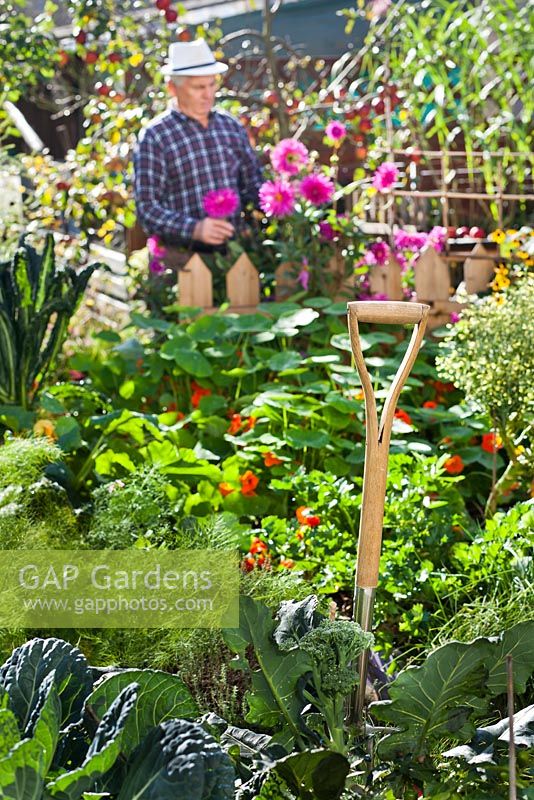 Griff der Gartengabel im Gemüsegarten mit Gärtner dahinter.