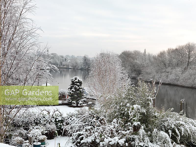 Der Themse-Garten wurde von Andy Sturgeon entworfen. Box Topiary, Gräser und architektonische Pflanzen mit Schnee bedeckt.