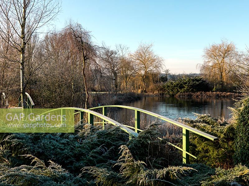Ein Blick am frühen Morgen auf den Ziersee und die von Monet inspirierten Brücken bei Wilkins Pleck.