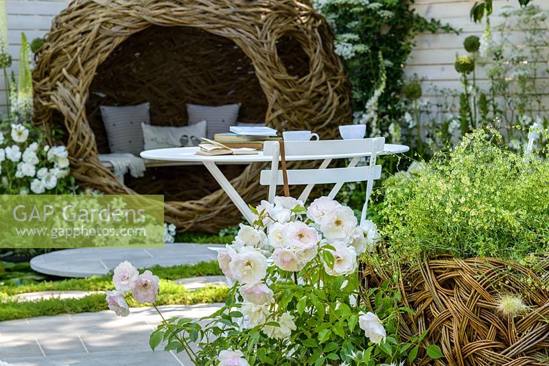 Bistrotisch und Stühle aus weißem Metall und gewebtes Weidenvogelhaut mit weißen und grünen Pflanzen, einschließlich Rosa 'Eisberg - Lebende Landschaften' City Twitchers 'Garten, RHS Hampton Court Blumenschau 2015. Entworfen von Sarah Keyser. CouCou Design