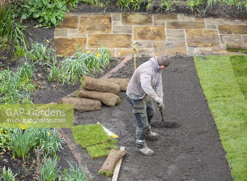 Ein Gartenarbeiter, der den Boden in Vorbereitung auf die Verlegung des Rasens während einer Gartenrenovierung vorbereitet.