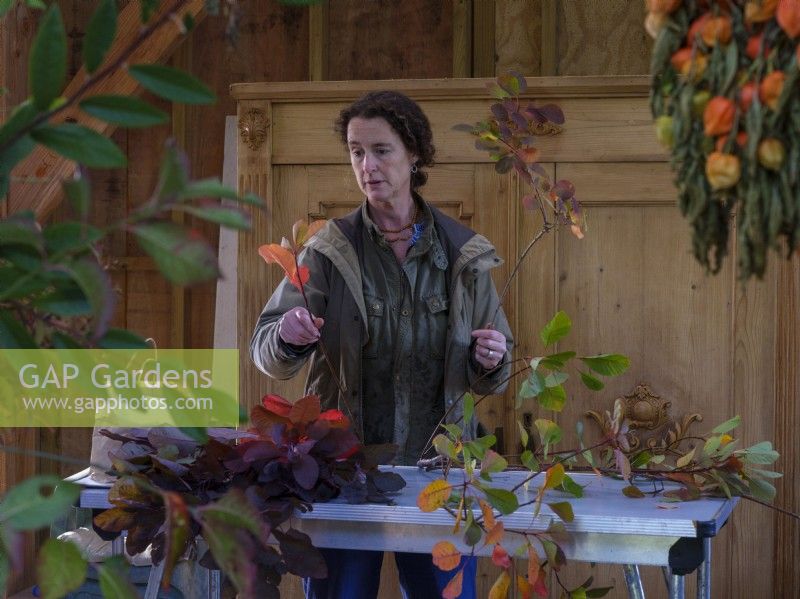 Innenraum-Workshop, in dem die auf Laub spezialisierte Floristin Zanna Hoskins mit Herbstfrüchten und Blättern aus ihrem Garten arbeitet, um sie in saisonalen Arrangements zu verwenden. November, Herbst, Dorset, Großbritannien. 