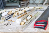 Birkenstäbchen, Säge, Pfefferkörner, Kreppband und Pinsel auf Holzunterlage ausgelegt