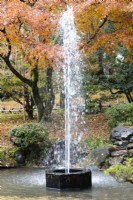 Brunnen in einem kleinen Becken, der angeblich der älteste Brunnen Japans ist, aus dem 19. Jahrhundert stammt und vom Kasumigaike-Teich gespeist wird. Bäume in Herbstfärbung dahinter. 
